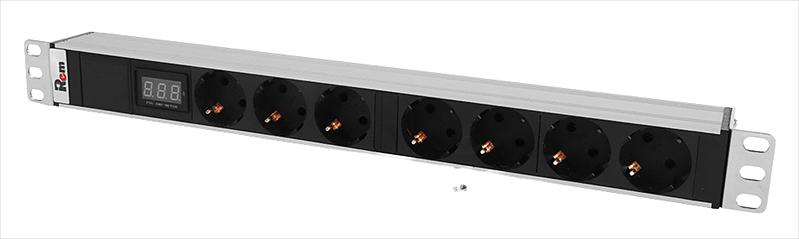 Блок розеток Rem-32 с амп, 7 Schuko, 32А, алюм., 19", колодка (R-32-7S-Am-440-K) фото 1