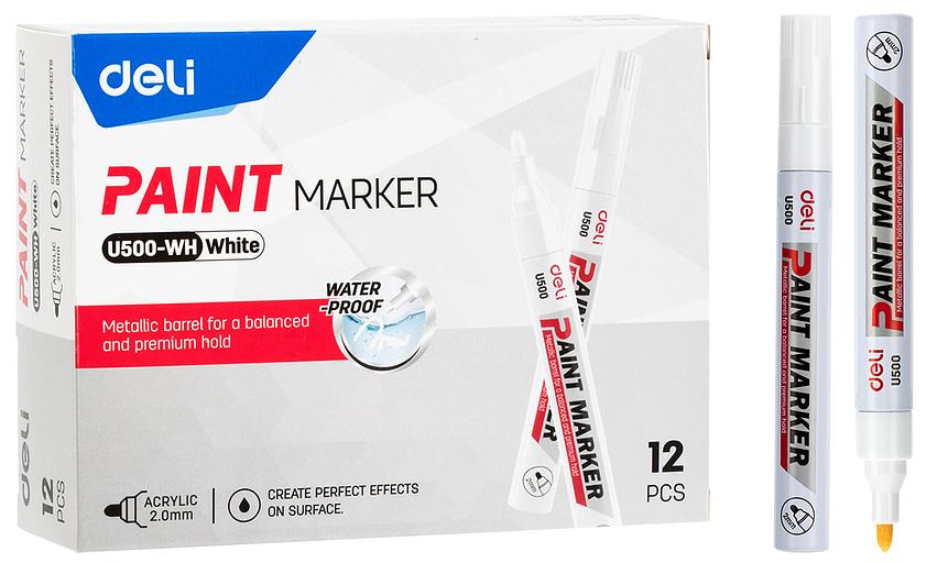 Маркер краска Deli EU500-WH 2мм пулевидный пиш. наконечник белый фото 1
