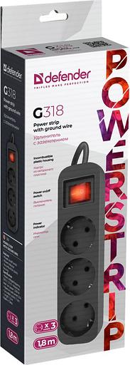 Сетевой удлинитель Defender G318 1.8м (3 розетки) черный (коробка) фото 3