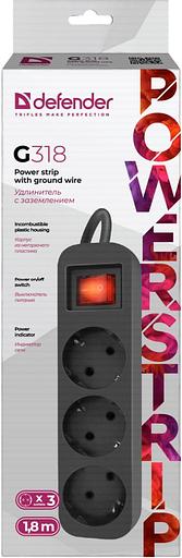 Сетевой удлинитель Defender G318 1.8м (3 розетки) черный (коробка) фото 4