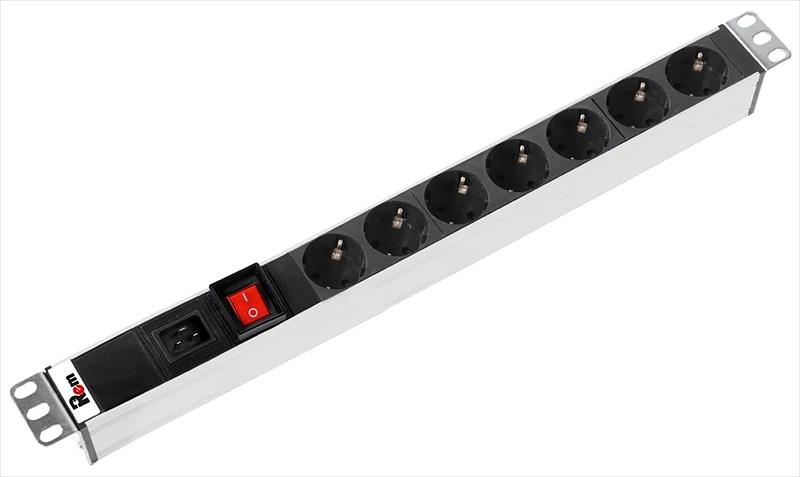 Блок розеток Rem-16 с выкл., 7 Schuko, вход IEC 60320 C20, 16 A, алюм., 19" (R-16-7S-V-440-Z) фото 1