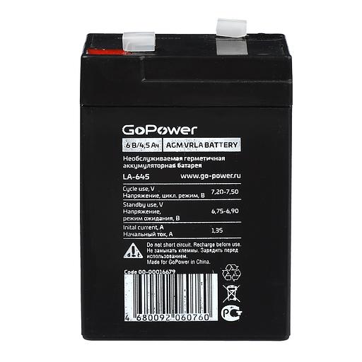 Аккумулятор свинцово-кислотный GoPower LA-645 6V 4.5Ah (1/20) Аккумулятор свинцово-кислотный GoPower LA-645 (00-00016679) фото 1