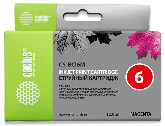 Картридж струйный Cactus CS-BCI6M пурпурный (12мл) для Canon S800/S820/S900/S9000/i550/i560/i860/i865/i905D/i950S/i960x/i965/i990/i9100/i9950/JX500/MP750/MP760/iP600D/iP3000/iP600D/iP8500/BJC-8200 фото 1