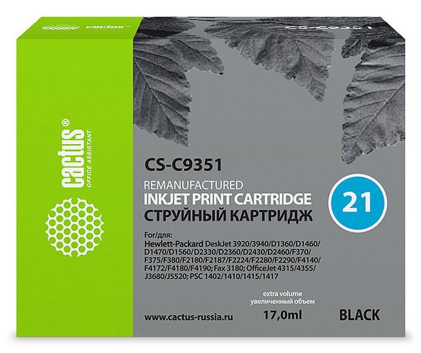 Картридж струйный Cactus CS-C9351 №21 черный (17мл) для HP DJ 3920/3940/D1360/D1460/D1470/D1560/D2330/D2360/D2430/D2460/F370/F375/F380/F2180/F2187/F2224/F2280/F2290/F4140/F4172/F4180/F4190 фото 1