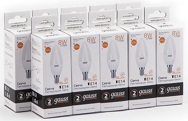 Лампа светодиодная Gauss 8Вт цок.:E14 свеча 220B 3000K св.свеч.бел.теп. C37 (упак.:1шт) (33118) фото 3