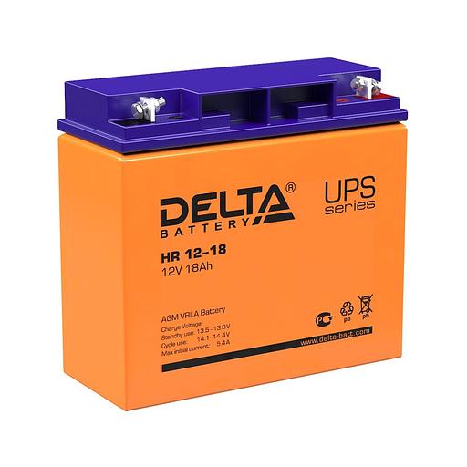 Батарея DELTA серия HR, HR 12-18, напряжение 12В, емкость 18Ач (разряд 20 часов), макс. ток разряда (5 сек.) 230А, макс. ток заряда 5.4А, свинцово-кислотная типа AGM, клеммы под гайку и болт M6, ДxШxВ 181х77х167мм., вес 6.1кг., срок службы 8 лет. Delta U фото 1