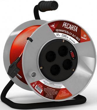 Удлинитель силовой Ресанта СУ-2х1-50/2 (61/118/5) 2x1.0кв.мм 4розет. 40м ПВС катушка оранжевый фото 1