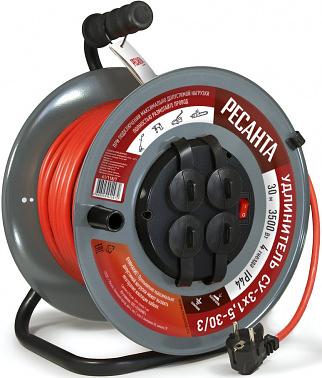 Удлинитель силовой Ресанта СУ-3х1,5-30/3 (61/118/7) 2x1.0кв.мм 4розет. 40м ПВС катушка серый фото 1