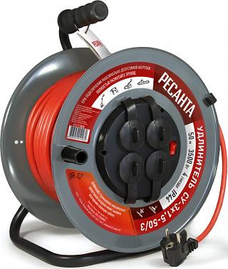 Удлинитель силовой Ресанта СУ-3х1,5-50/3 (61/118/8) 2x1.0кв.мм 4розет. 40м ПВС катушка серый фото 1