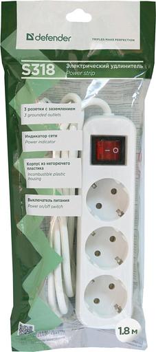 Defender Удлинитель S318 1.8 м, 3 розетки [99233] выключатель, с заземлением фото 2