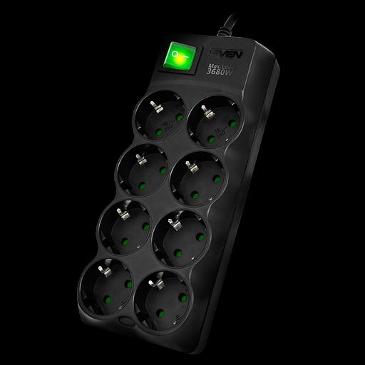 SVEN Фильтр SF-08E-16 3,0 м (8 розеток с защитными шторками,16А) черный, цветная коробка [SV-021610] фото 1