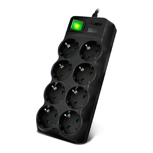 SVEN Фильтр SF-08E-16 5,0 м (8 розеток с защитными шторками,16А) черный, цветная коробка [SV-021726] фото 1