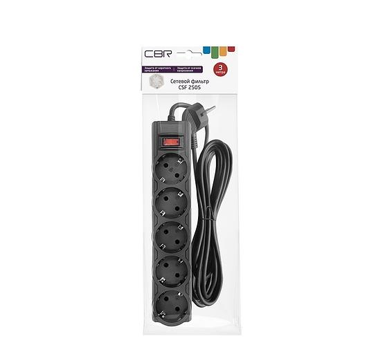 CBR Сетевой фильтр CSF 2505-3.0 Black PC, 5 евророзеток, длина кабеля 3 метра, цвет чёрный (пакет) фото 2