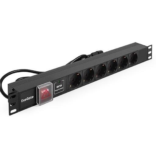 Exegate EX280834RUS Блок розеток ExeGate ServerPro PDU-19H609 Al-6S-C14-2, 19",1U,алюм, 6Schuko, кабель с C14 2м, SPD1 фото 1