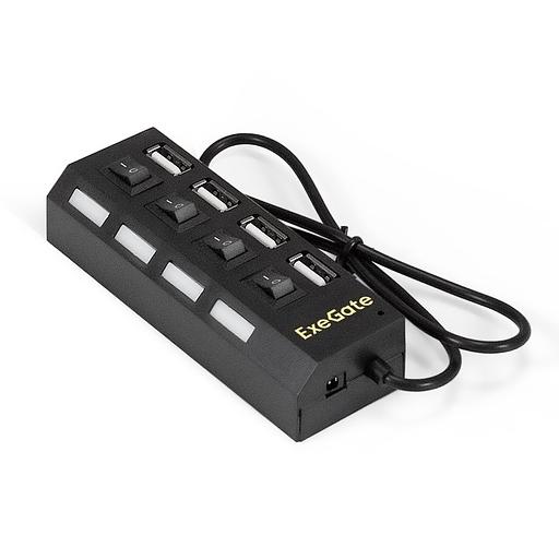 Exegate EX293977RUS USB-Хаб (концентратор) ExeGate DUB-42SW (кабель-адаптер USB2.0 --> 4xUSB2.0, кнопки включения/отключения для каждого порта, Plug&Play, черный) фото 1