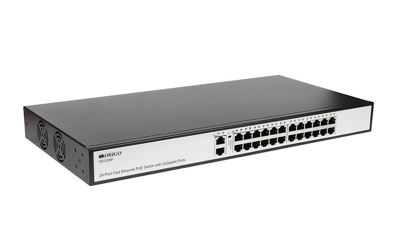 ORIGO OS1226P/285W/A1A Неуправляемый PoE-коммутатор 24x100Base-TX PoE+, 2x1000Base-T, PoE-бюджет 285 Вт, корпус металл фото 1
