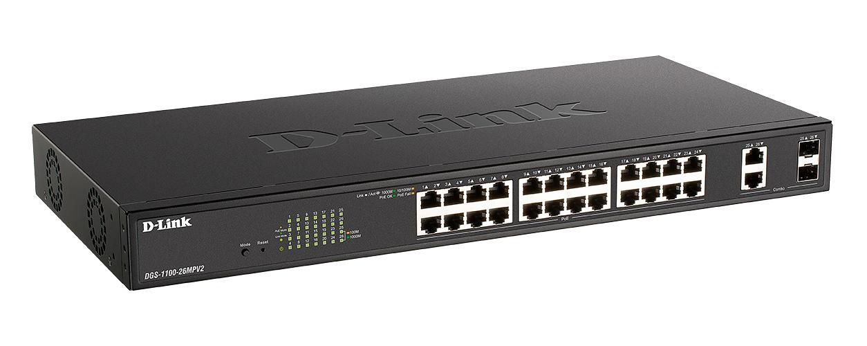 D-Link DGS-1100-26MPV2/A3A Настраиваемый L2 коммутатор с 24 портами 10/100/1000Base-T и 2 комбо-портами 1000Base-T/SFP (24 порта PoE 802.3af/at, PoE-бюджет 370 Вт) фото 1