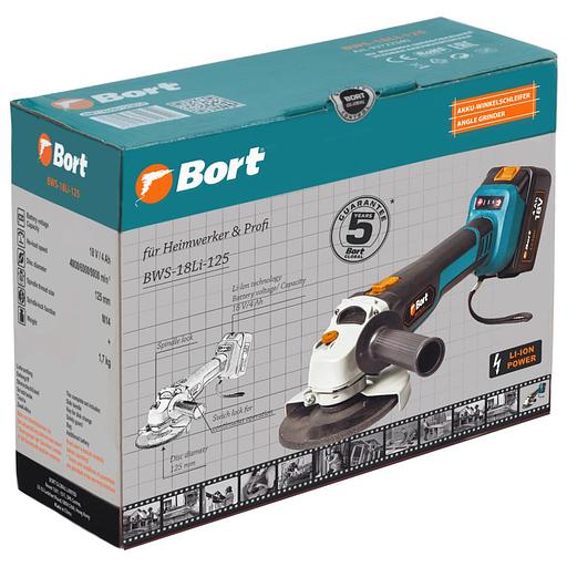 Bort Машина шлифовальная угловая аккумуляторная BWS-18Li-125 {18 В; Li-Ion; 3 Ач; 9000 об/мин; 22,5 мм; 1,7 кг; 4 Ач; батарей 2 шт; аксессуаров 5 шт; гарантия 2 г} [93722340] фото 9