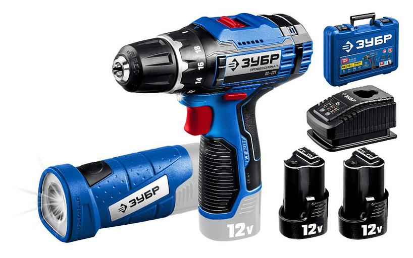 ЗУБР 12В + LED фонарь, 2 АКБ (2Ач), в кейсе, дрель-шуруповерт, Профессионал. DL-121-22F фото 1