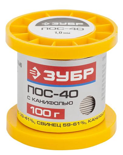 ЗУБР Припой, ПОС 40, трубка с канифолью, 100г, 1мм [55451-100-10C] фото 1