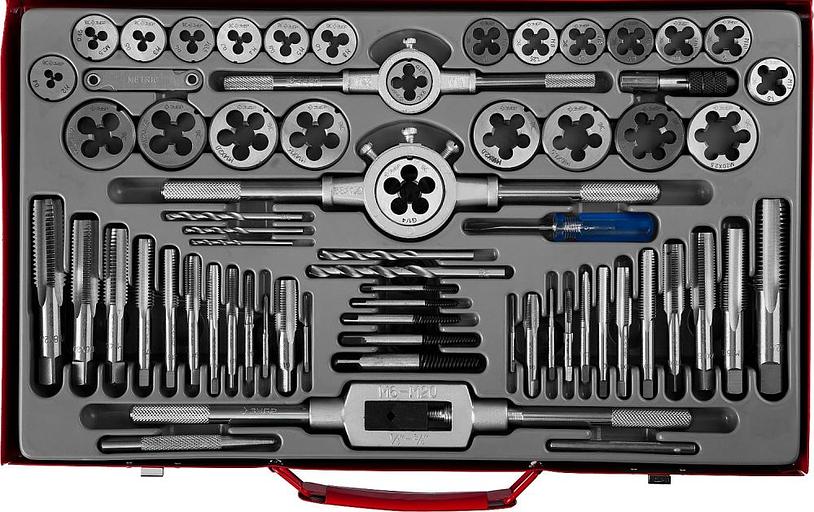 ЗУБР Набор "ЭКСПЕРТ" с металлореж. инструментом,метчики однопроход. и плашки,оснастка, экстракторы-в метал.боксе 65пред. [28118-H65_z01] фото 1