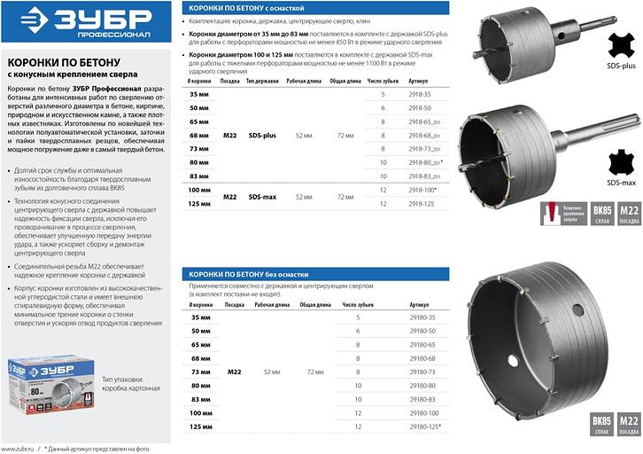 ЗУБР Коронка буровая, коническая посадка центрирующего сверла, SDS-Plus хвостовик, в сборе, 68мм [2918-68_z01] фото 4