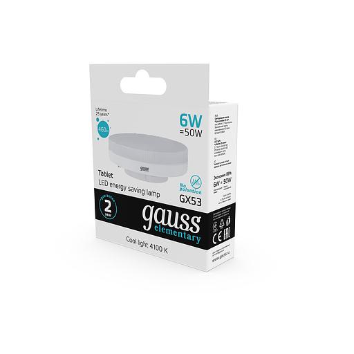 GAUSS 83826 Светодиодная лампа LED Elementary GX53 6W 460lm 4100K 1/10/100 0 фото 6