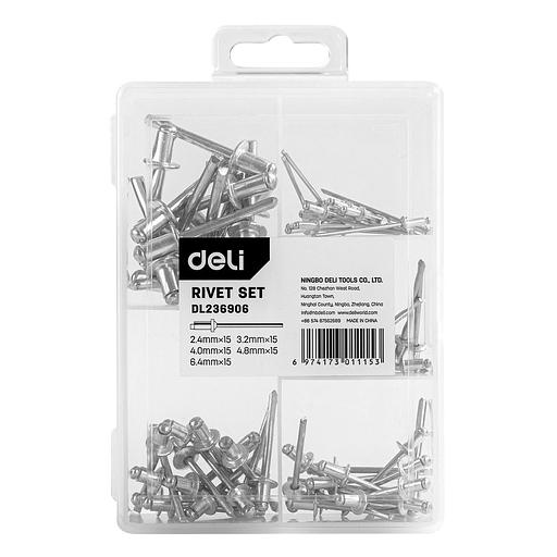 Набор заклепок Deli DL236906 75 шт (2.4мм,3.2мм,4.0мм,4.8мм,6.0мм) * 15 шт 75шт (2,4 / 3,2 / 4,0 / 4,8 / 6,0 мм) * 15 шт, пластиковый кейс фото 1
