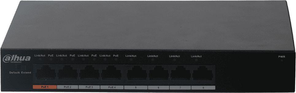 Сетевое оборудование DAHUA 8-портовый неуправляемый коммутатор с РоЕПорты: 4 RJ45 10/100/100Мбит/с (PoE/PoE+/Hi-PoE), 4 RJ45 10/100/100Мбит/с (uplink); мощность PoE: порт 1 до 60Вт, порты 2~4 до 30Вт, суммарно до 60Вт; P (DH-PFS3008-8ET-60) фото 1
