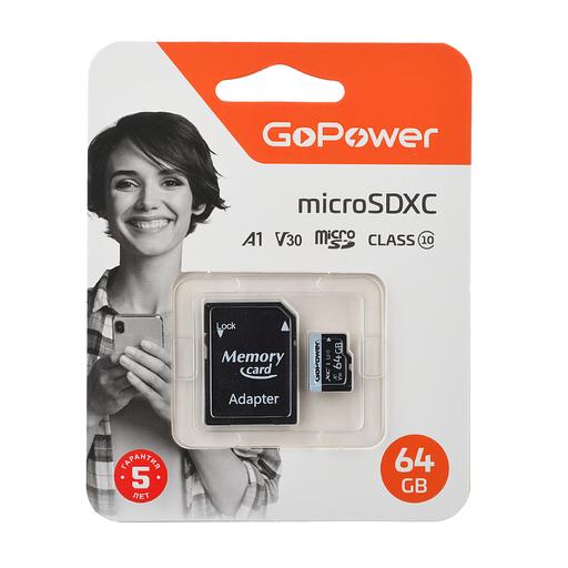 Карта памяти microSD GoPower 64GB Class10 70 МБ/сек V30 с адаптером GoPower 00-00025676 фото 1