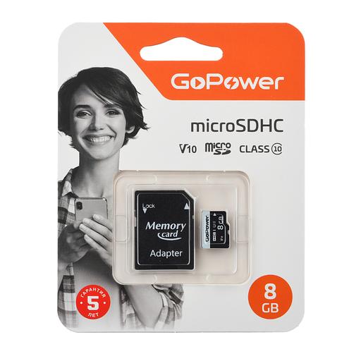 Карта памяти microSD GoPower 8GB Class10 15 МБ/сек V10 с адаптером GoPower 00-00025673 фото 1