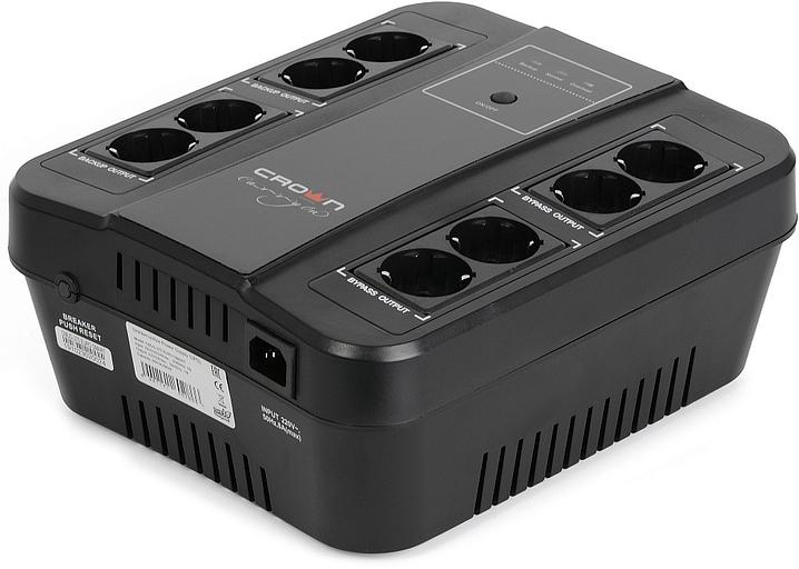 ИБП CROWN 650VA/390W, корпус пластик, 1x12V/7AH, розетки 8*EURO, трансформатор AVR 220/230/240В ± 25%, съёмный кабель питания 1.8 м, порт RJ-11/45, порт USB управление с ПК, LED-индикация, защита: от перегрузки, от КЗ, от перепадов напряжения, ПО UPS CROW фото 1