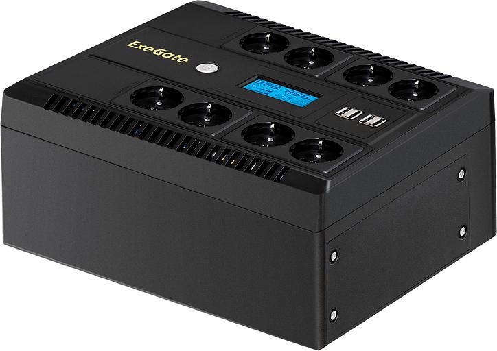 Exegate EX295013RUS ИБП ExeGate NEO Smart LHB-650.LCD.AVR.8SH.CH.RJ.USB <650VA/390W, LCD, AVR, 8*Schuko, RJ45/11, USB, 4*USB-порта для зарядки, Black> фото 1