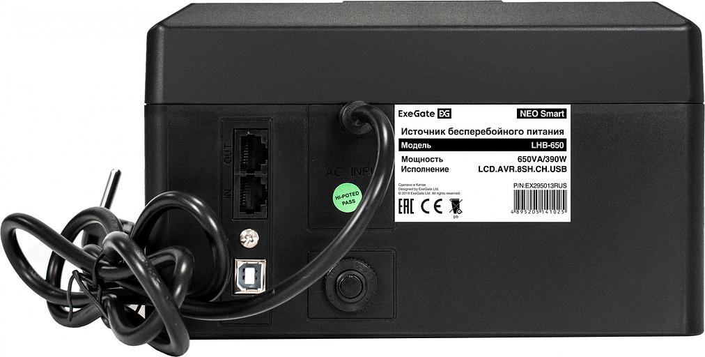 Exegate EX295013RUS ИБП ExeGate NEO Smart LHB-650.LCD.AVR.8SH.CH.RJ.USB <650VA/390W, LCD, AVR, 8*Schuko, RJ45/11, USB, 4*USB-порта для зарядки, Black> фото 3
