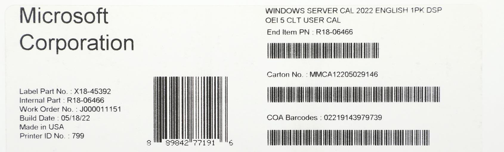 Windows Server CAL 2022 English 1pk DSP OEI 5 Clt User CAL фото 2