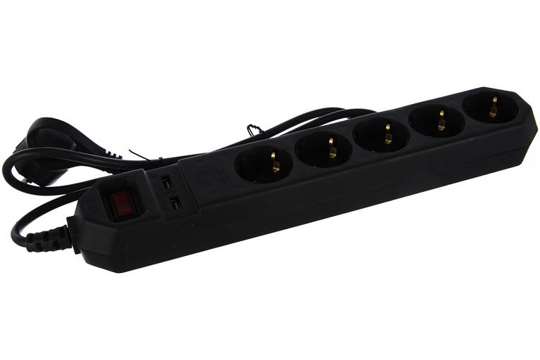 Эра Б0019036 Сетевой фильтр USF-5es-1.5m-USB-B (черный) с заземл, 3x0,75мм2, с выкл, 5гн, 1,5м {защита от короткого замыкания, от перегрузки, от импульсных помех, USB-зарядка} фото 1