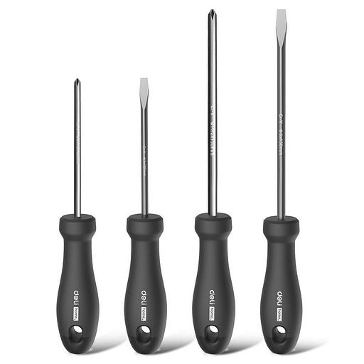 Набор отверток "Home Series Black" Deli HT1004 4шт SL5x100+SL6x150+PH1x100+PH2x150, эксклюзивный дизайн, рукоятка из высококачественного софттач пластика фото 1