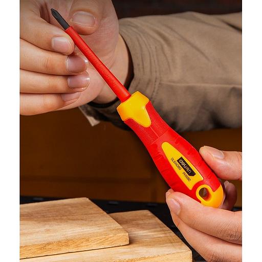 Диэлектрическая крестовая отвертка Deli DL514080 PH1х80мм сталь Cr-V, сертификат VDE для работ под напряжением до 1000 В фото 4