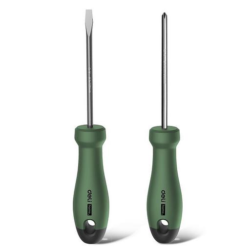 Набор отверток "Home Series Green" Deli HT1002L 2шт SL5x100+PH1x100, эксклюзивный дизайн, рукоятка из высококачественного софттач пластика фото 1