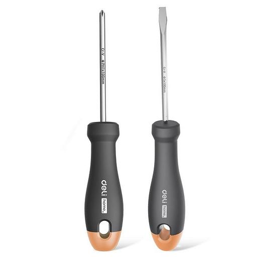 Набор отверток "Home Series Gray" Deli HT1002C 2шт SL5x100+PH1x100, эксклюзивный дизайн, рукоятка из высококачественного софттач пластика фото 1