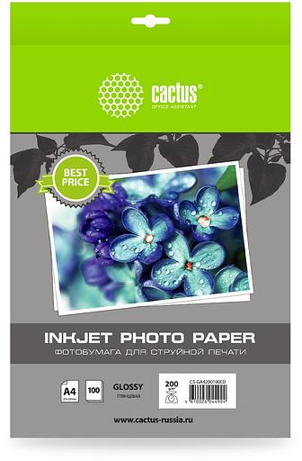 Фотобумага Cactus CS-GA4200100ED, A4, для струйной печати, 100л, 200г/м2, белый, покрытие глянцевое фото 1