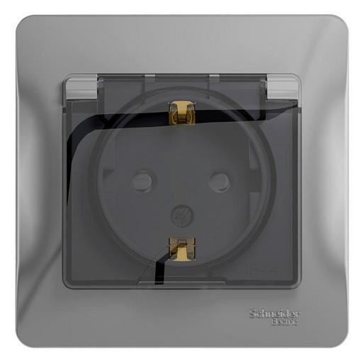 Systeme electric GSL000348 GLOSSA РОЗЕТКА с заземлением со шторками с крышкой, 16А, IP44, в сборе, АЛЮМИНИЙ фото 1