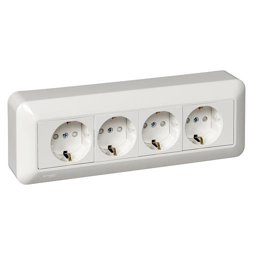 Systeme electric RA16-411M-B ПРИМА Розетка 4 поста наружная с заземлением 250В 16А со шторками белая монтажная пластина фото 2
