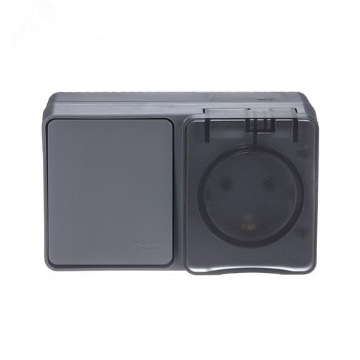 Systeme electric ATN544070 AtlasDesign Profi54 БЛОК: розетка с заземлением со шторками 16А 250B, выключатель одноклавишный IP54 10А, АНТРАЦИТ, Россия фото 3