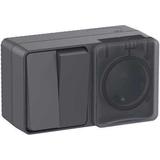 Systeme electric ATN544074 AtlasDesign Profi54 О/У БЛОК: розетка с заземлением со шторками 16А 250B, выключатель двухклавишный IP54 10А, АНТРАЦИТ, Россия фото 1