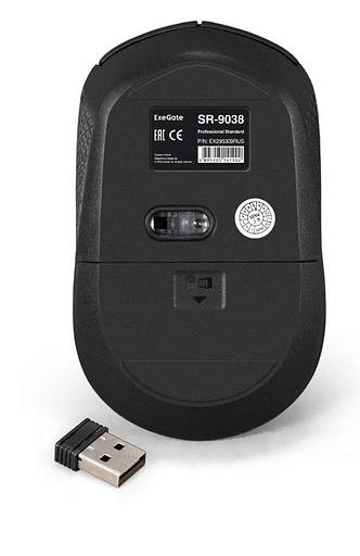 Exegate EX295309RUS Беспроводная мышь ExeGate Professional Standard SR-9038 (радиоканал 2,4 ГГц, USB, оптическая, 1200dpi, 3 кнопки и колесо прокрутки, черная, Color Box) фото 1