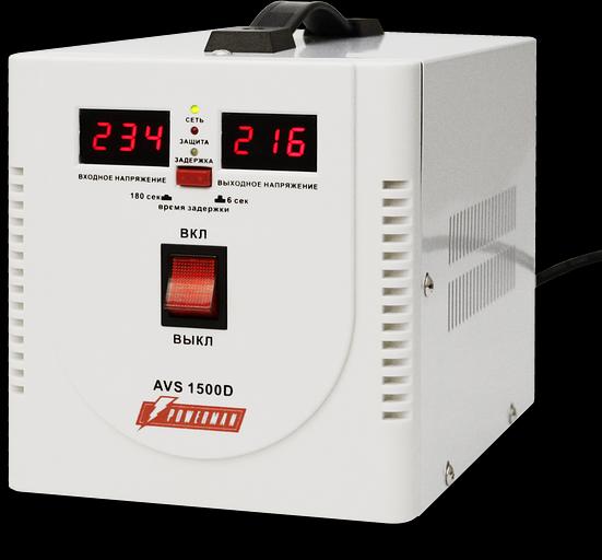 Стабилизатор POWERMAN AVS 1500D, ступенчатый регулятор, цифровые индикаторы уровней напряжения, 1500ВА, 140-260В, максимальный входной ток 10А, 2 евророзетки, IP-20, напольный, 200мм х 160мм х 190мм, 4 кг. POWERMAN AVS 1500D фото 1
