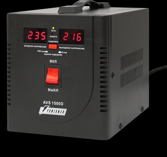 Стабилизатор POWERMAN AVS 1500D, черный, ступенчатый регулятор, цифровые индикаторы уровней напряжения, 1500ВА, 140-260В, максимальный входной ток 10А, 2 евророзетки, IP-20, напольный, 200мм х 160мм х 190мм, 4 кг. POWERMAN AVS 1500D (POWERMAN AVS 1500D B фото 1