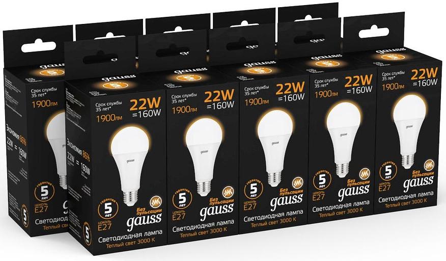 Лампа светодиодная Gauss A70 22Вт цок.:E27 груша 220B 3000K св.свеч.бел.теп. (упак.:1шт) (102502122) фото 5
