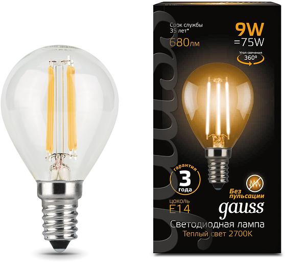 Лампа филам. Gauss Filament 9Вт цок.:E14 шар 220B 2700K св.свеч.бел.теп. (упак.:10шт) (105801109) фото 1